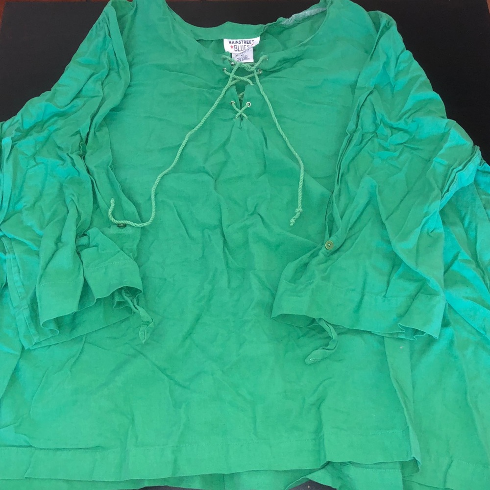 Green Lace Up 3/4 Rolled Sleeve Cotton Top